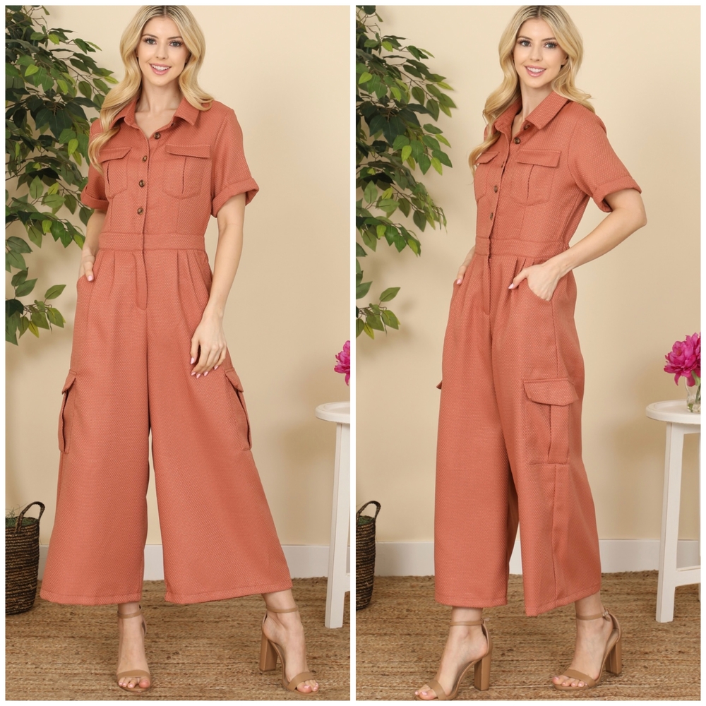 Women's Rust Color Utility Chic Jumpsuit - Picture 2 of 7